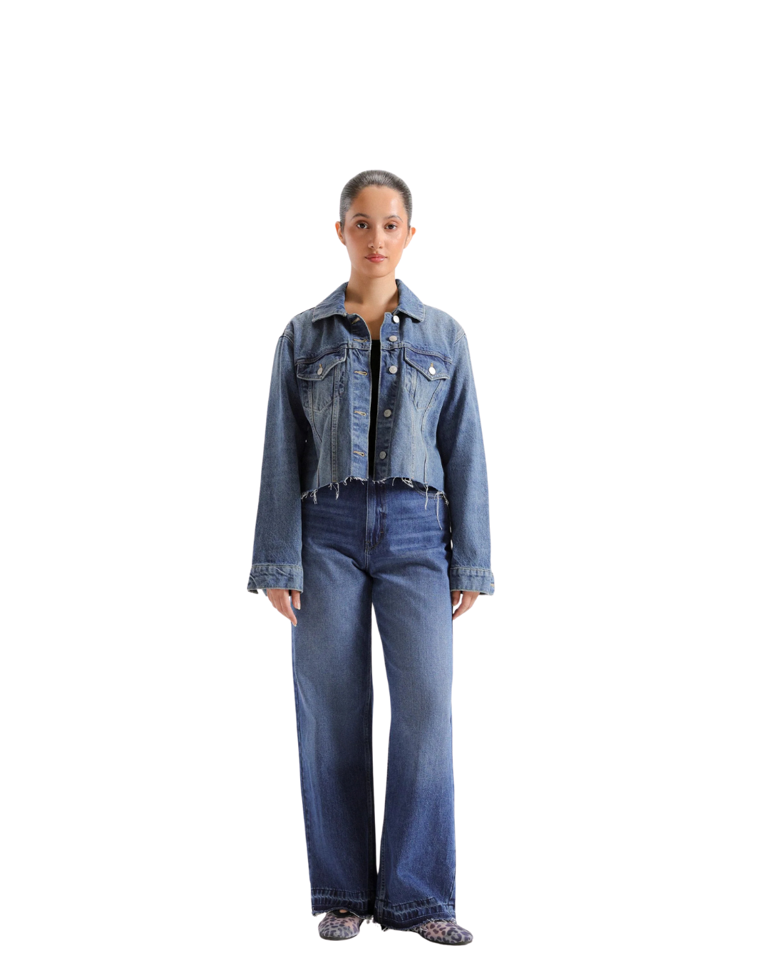Super Cropped Denim Jacket With Frayed Hem